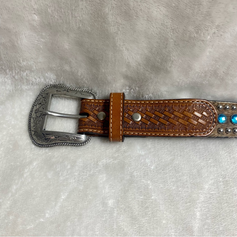 NOCONA Kids Leather Calf-hair Belt Blue Rhinestones Brown Western Cowboy - Picture 5 of 11